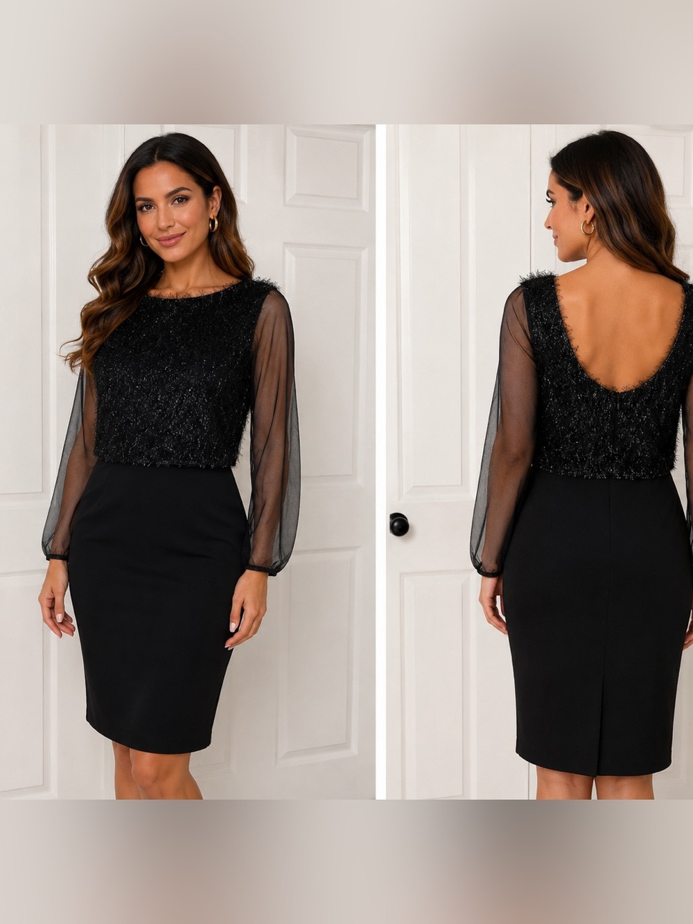Black Midi Dress with Sheer Sleeves and Textured Bodice